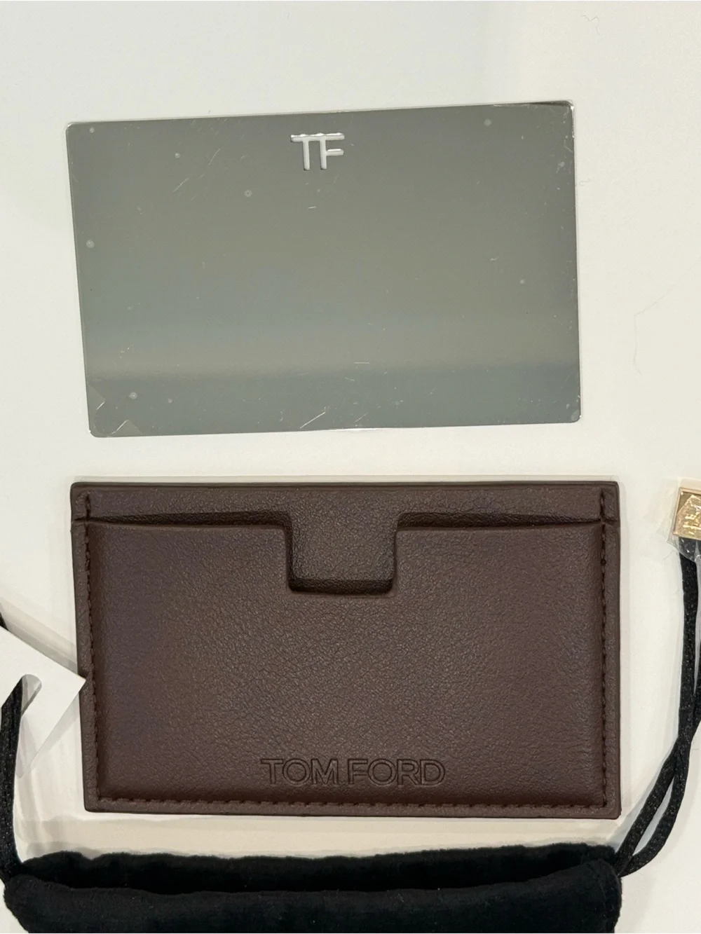 TOM FORD Pocket Mirror With Brown Card Case & Black Velvet Drawstring Pouch NIB